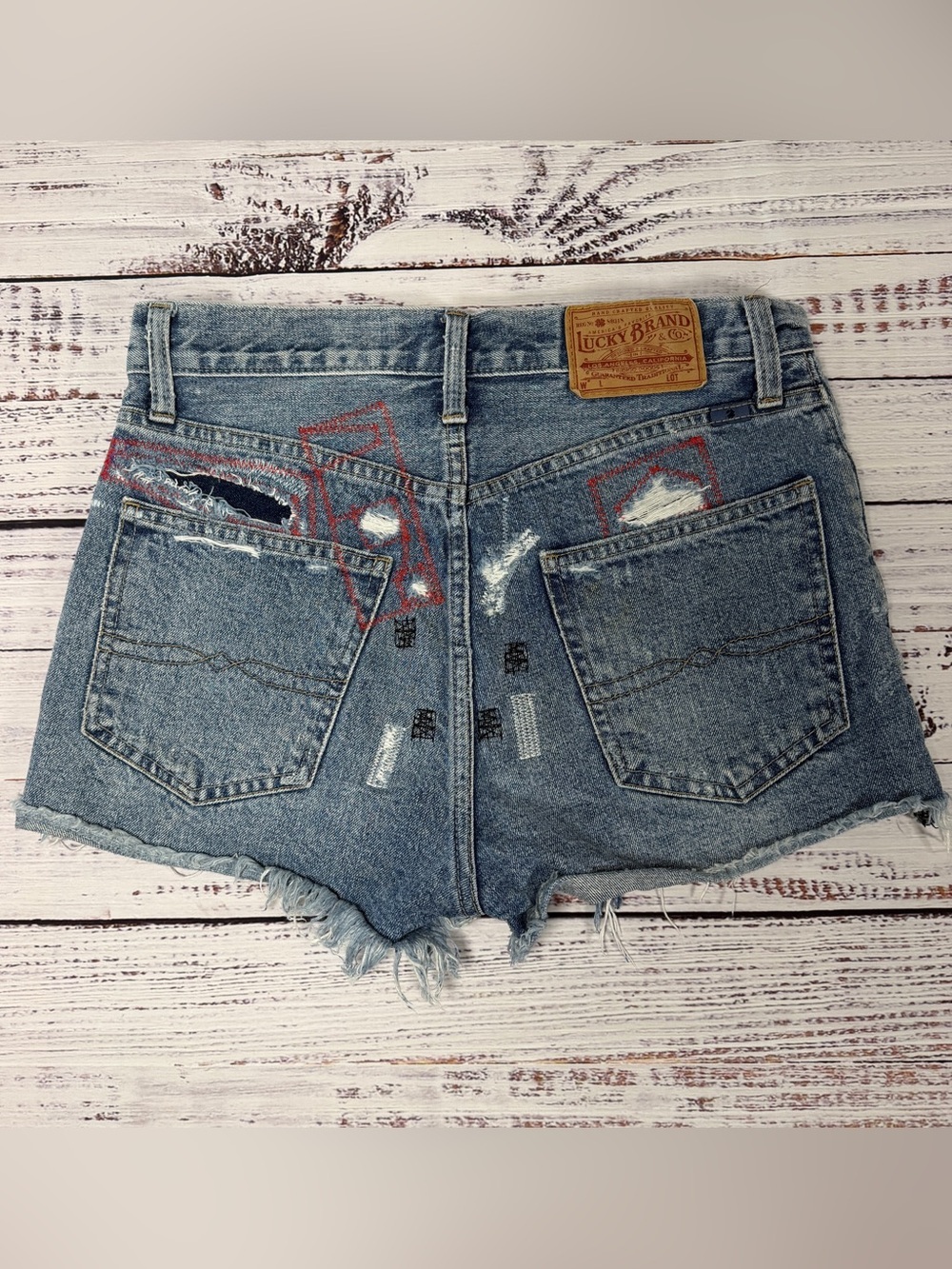 Lucky Brand Distressed Denim Shorts with Smiley Patch - Blue - Picture 3 of 8